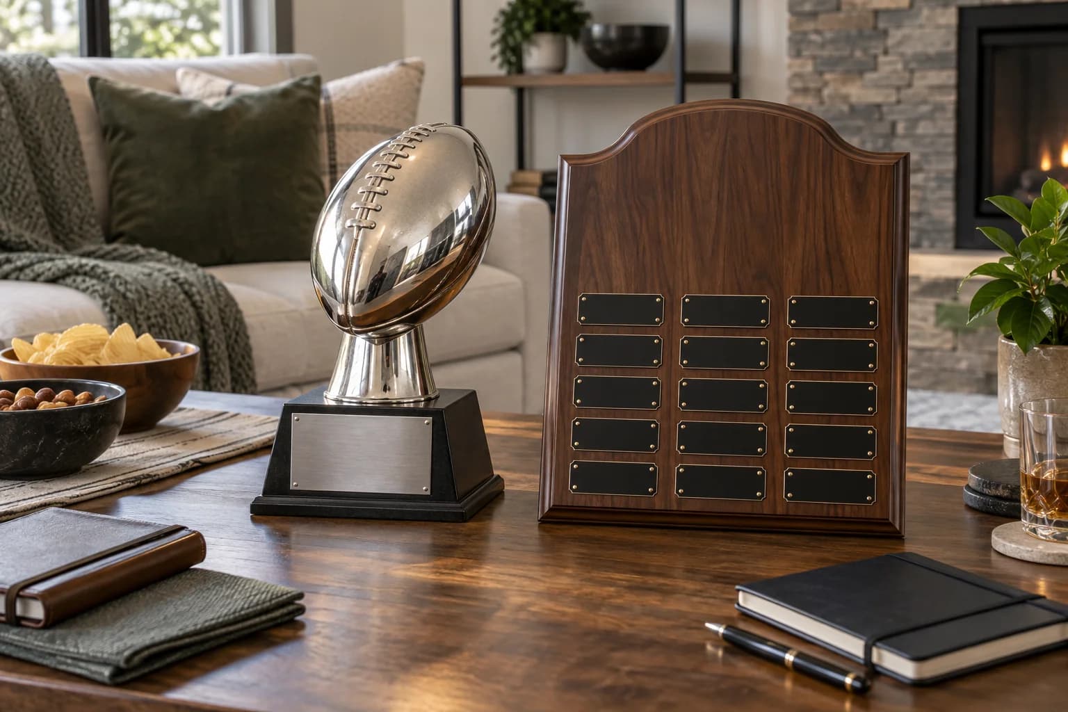 Football-shaped trophy and blank league plaque at a draft-night table