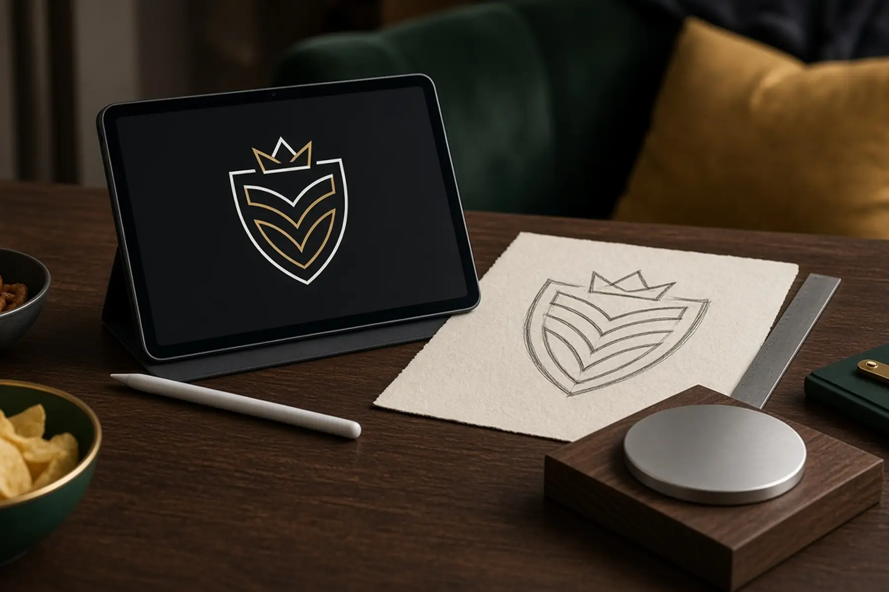Artwork preparation concept: a simple emblem converted to clean outlines for a League Champion Trophy