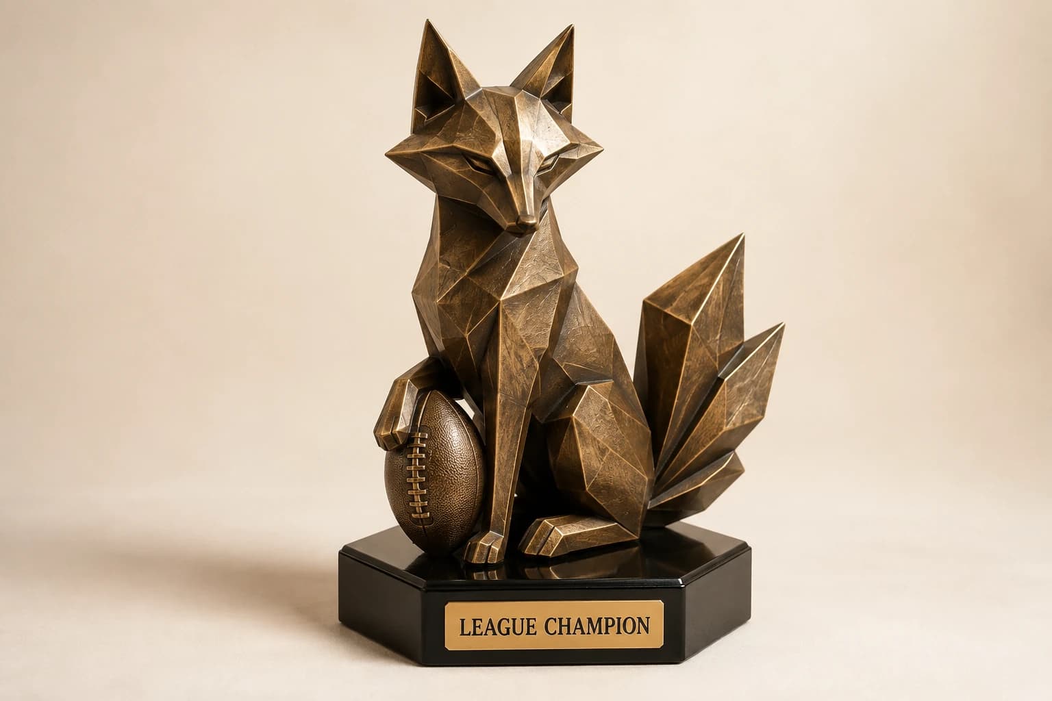 Original fox-and-football mascot trophy on a black hexagonal base.