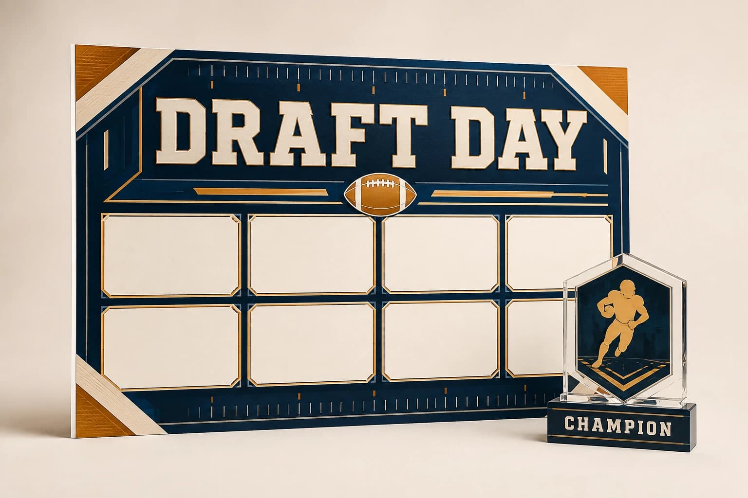 Navy and amber draft-day poster with a matching football award.
