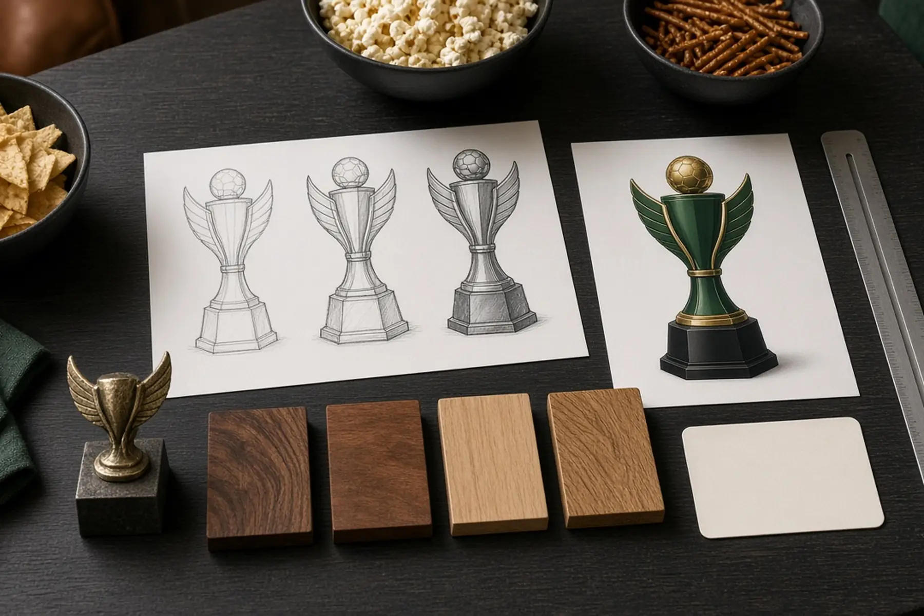 Design planning concept for a League Champion Trophy: sketches, material swatches and a blank sample shape