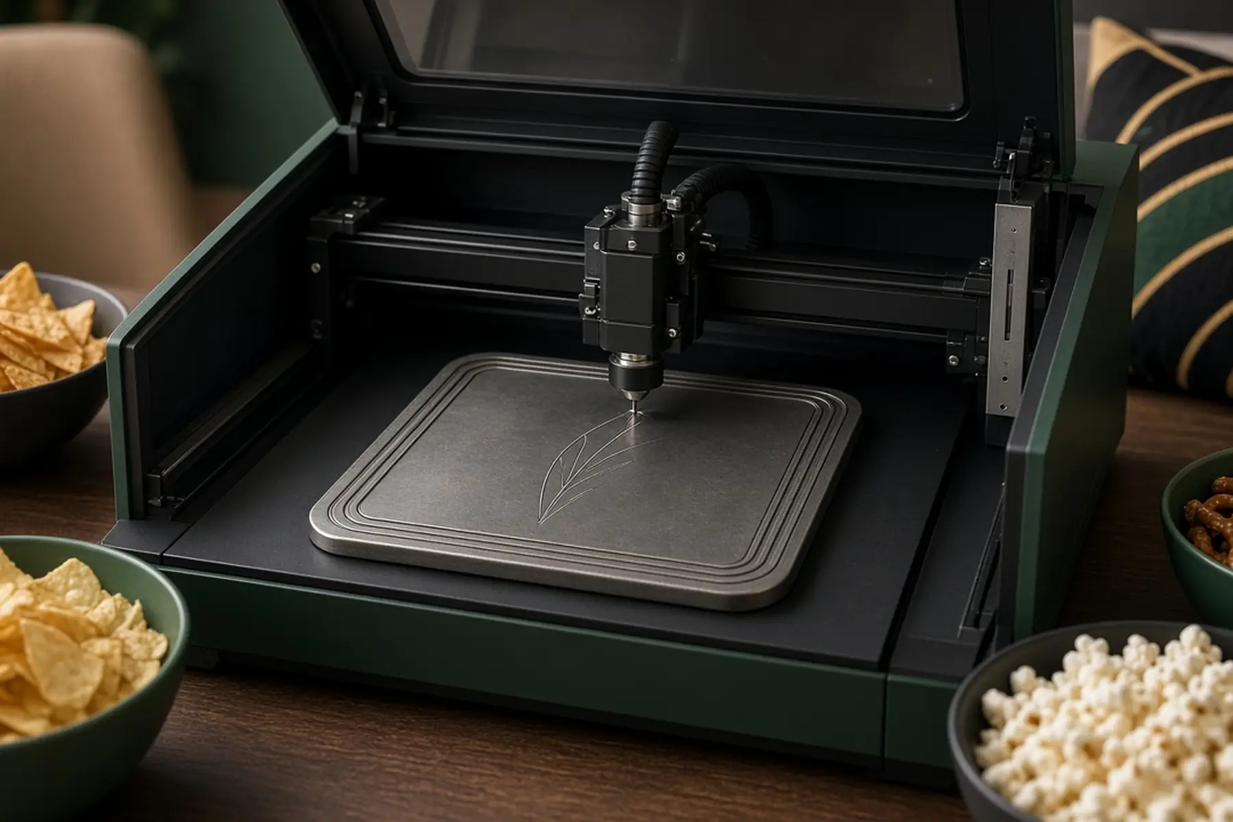 Engraving concept: a blank plate for a League Champion Trophy inside an enclosed marking machine