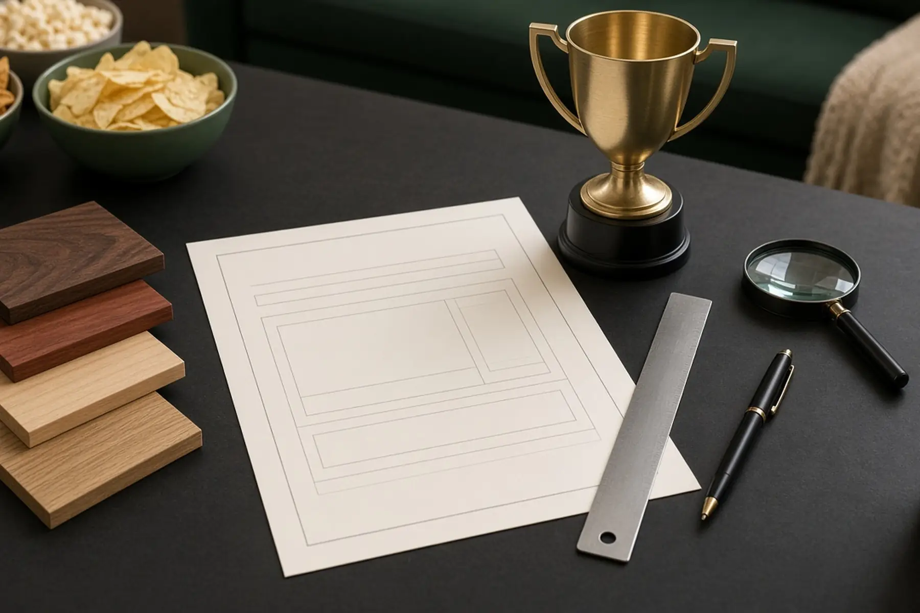 Proof review concept: a full-size layout checked against a blank League Champion Trophy