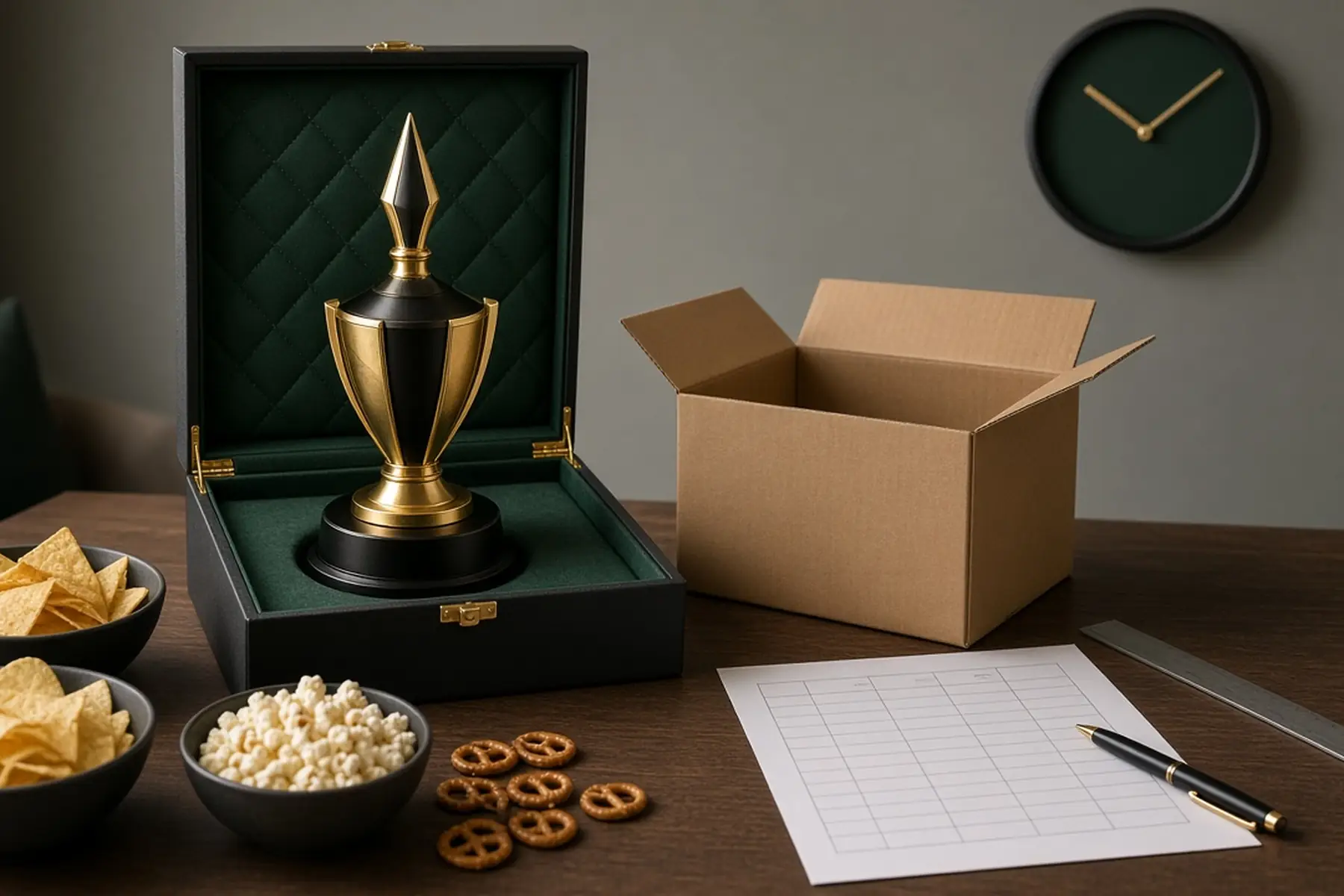 Rush planning concept: a Fantasy League Champion Trophy, carton and checklist arranged around an arrival date